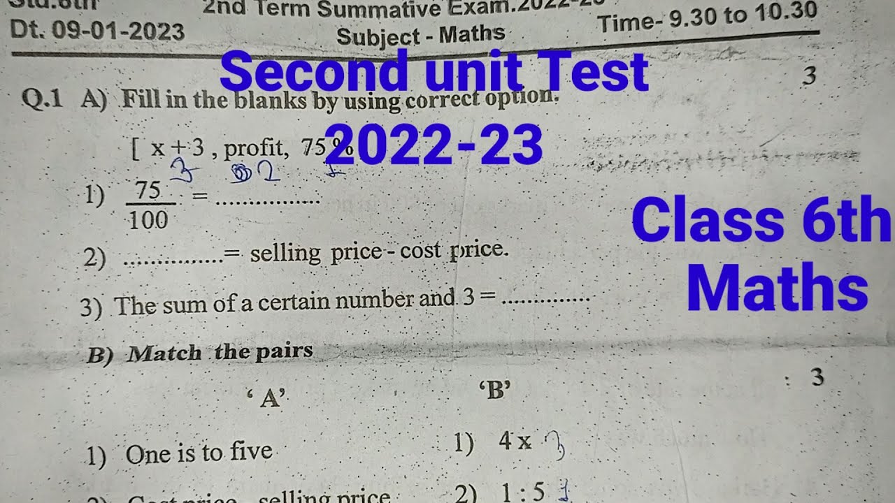 Second Unit Test Class 6th Maths 2022 23 Youtube
