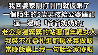 我回婆家剛打開門就傻眼了，一個陌生的5歲男孩給公婆磕頭，還一邊喊「爺爺奶奶好｣。老公身邊緊緊的站著個年輕女人，我裝不在意扎進廚房洗菜做飯，當晚飯桌上我一句話全家傻眼#翠花的秘密