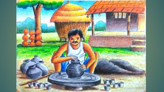 How to draw pottery man step by step/village potter man drawing with oil pastel