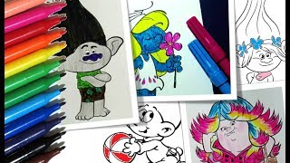 Coloring Pages SMURFS & TROLLS How to paint Poppy, Smurfette and More - Color Toys for Kids