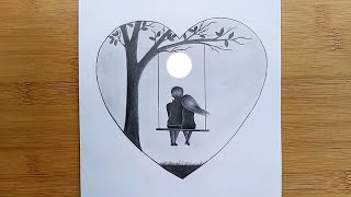 How to draw Romantic Couple swinging in a tree -Pencil sketch / Moonlight Scene sketch for Beginners