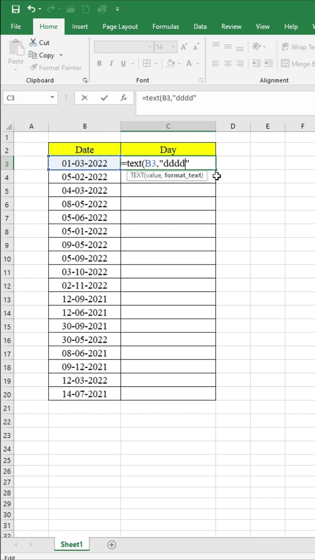 How to Convert date to day in excel