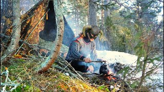 SUNNY WINTER SPRING Camping - Skiing, Bushcraft Camp, Campfire in Nordic Forest