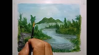 Melukis landscape danau di musim semi media poster paint part 2