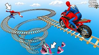 الأبطال الخارقين على القضبان دوامة قمع جسر SPIDER MAN!on Motorcycle in Spiral🚴‍♂️ Bridge Stunt Rid