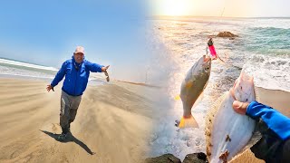 Pescando corvina y lenguado en una playa de VIENTOS muy FUERTES