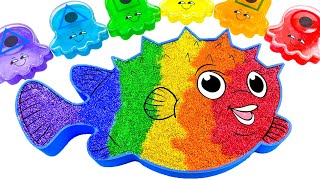 Satisfying ASMR | How to Make Rainbow Glitter Puffer Fish Bathtub by Mixing SLIME in Squid Coloring