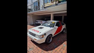 Toyota AE86 rally car. Walk around and cold start.