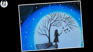 How to draw a girl with Butterfly in Moonlight for beginners / Oil Pastel Drawing of Girl