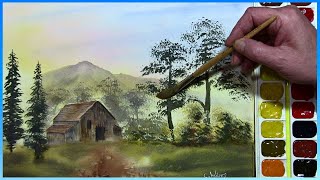 HOW TO PAINT A SIMPLE WET IN WET SKY WITH MOUNTAINS AND A N OLD BARN IN WATERCOLOR