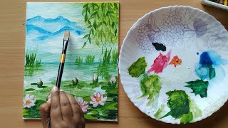 lotus pond/ mountain lake and lotus painting/ easy and beautiful natural scenery for beginners