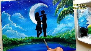 Moon Light Couple Painting | Valentine Romantic Painting | Acrylic Painting