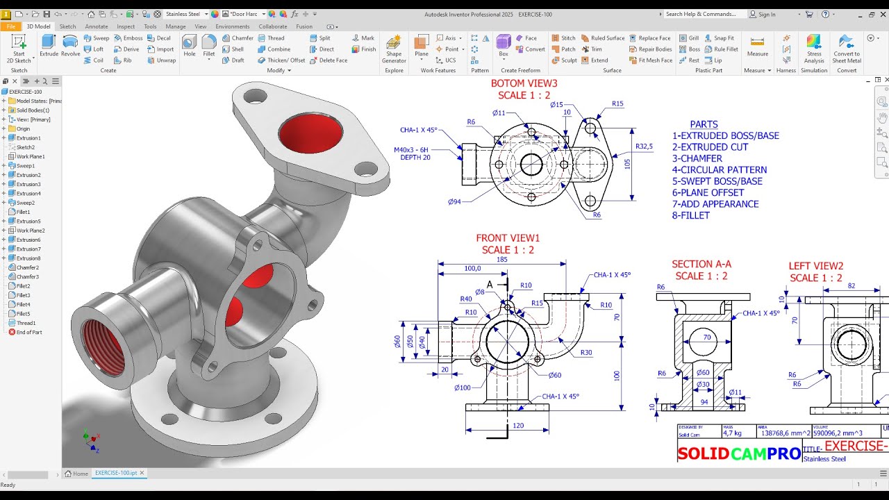 Autodesk Inventor Tutorial Create 3d Model Exercise 100 Youtube