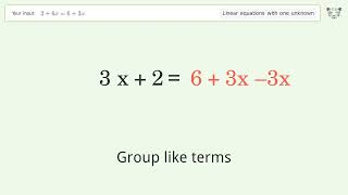 Linear equation with one unknown: Solve 2+6x=6+3x step-by-step solution