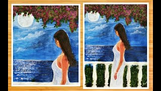 Alone Girl in Balcony Moonlight Painting /Full Moon Painting /Easy Acrylic Painting / Step by Step