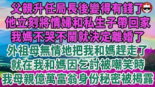 父親升任局長後變得有錢了！他立刻將情婦和私生子帶回家！我媽不哭不鬧就決定離婚了！祖母無情地把我和媽趕走了！就在我和媽因乞討被嘲笑時！我母親億萬富翁身份秘密被揭露！