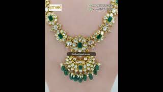 Andhra Design Uncut Diamond Studded Emerald Gold Necklace || KothariJewelryUSA