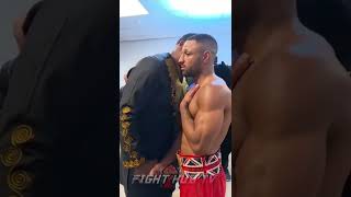 DERECK CHISORA CONGRATULATES KELL BROOK ON STOPPING AMIR KHAN. WHISPERS SWEET NOTHINGS IN HIS EAR