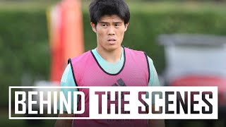 Takehiro Tomiyasu's first training session | Behind the scenes at Arsenal training centre