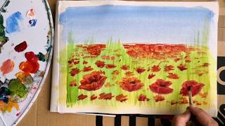 Step by step landscape painting tutorial |Quick and easy poppy field acrylic painting for beginners