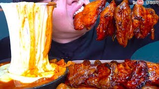 ASMR STRETCHY CHEESE SPICY TTEOK-BOKKI \u0026 BBQ BHC GRILLED CHICKEN 마피아떡볶이 \u0026 BBQ BHC 통다리구이 먹방 MUKBANG