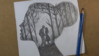 How to draw Romantic couple Scenery inside a girl's face | Hihi Pencil