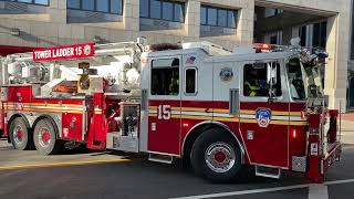 **BRAND NEW 2021 FDNY TOWER LADDER 15** RESPONDING FROM QUARTERS ON SOUTH STREET IN MANHATTAN, NYC.