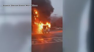 Trolley catches fire near gas station on East President Street