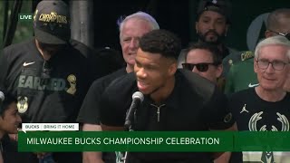 'Milwaukee, we did it!' Jubilant Giannis addresses crowd at championship celebration