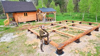Building My New Big Log HOME in the Wilderness With My Dog | Wood Foundation - E