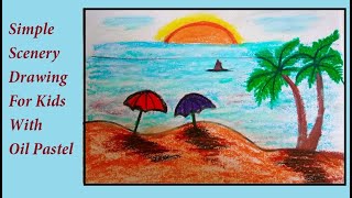 Simple scenery drawing step by step for kids with oil pastels | Sunset scenery landscape painting