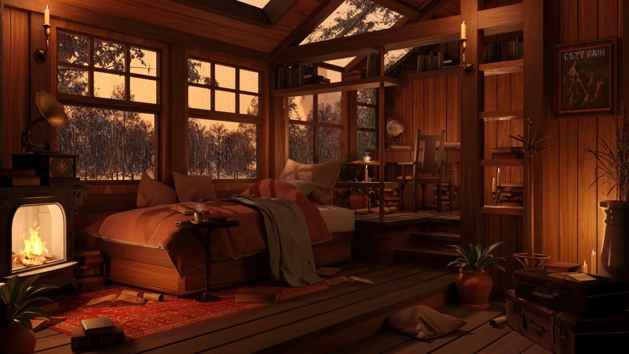 Autumn Cozy Cabin - Crackling Fireplace & Rain Sounds | Rainy Fall ...