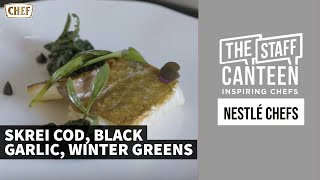 Skrei Cod, Black Garlic, winter greens