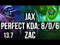 JAX vs ZAC (TOP) | 8/0/6, Legendary, 1.1M mastery, 400+ games | KR Master | 13.7