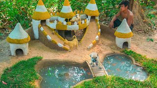 Building Dog Mud Castle For Puppies & Dogs Raising Turtle & Red Fishes In Dog Pond