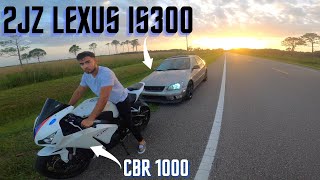 2JZ LEXUS IS300 - Sunset POV DRIVE w/ 1000cc RACE BIKE *180MPH*