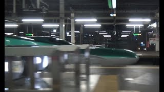 秋田新幹線のループ線軌道と合流して盛岡駅に到着する東北新幹線上りE5系はやぶさの車窓