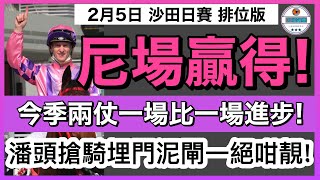 [小梁論馬]2月5日沙田草地日賽~排位版 |  尼場贏得! | 今季兩仗一仗比一仗進步! |潘頭搶騎埋門泥閘一絕咁靚! | 賽馬KOL-小梁@KleagueworkshopKen