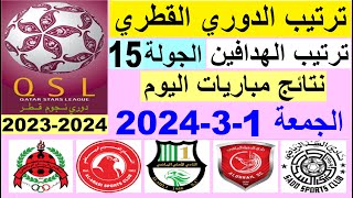 ترتيب الدوري القطري وترتيب الهدافين الجولة 15 اليوم الجمعة 1-3-2024 - دوري نجوم قطر