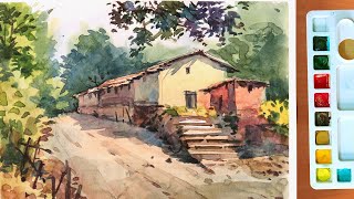 Watercolor Painting Rural Village House Scenery Landscape