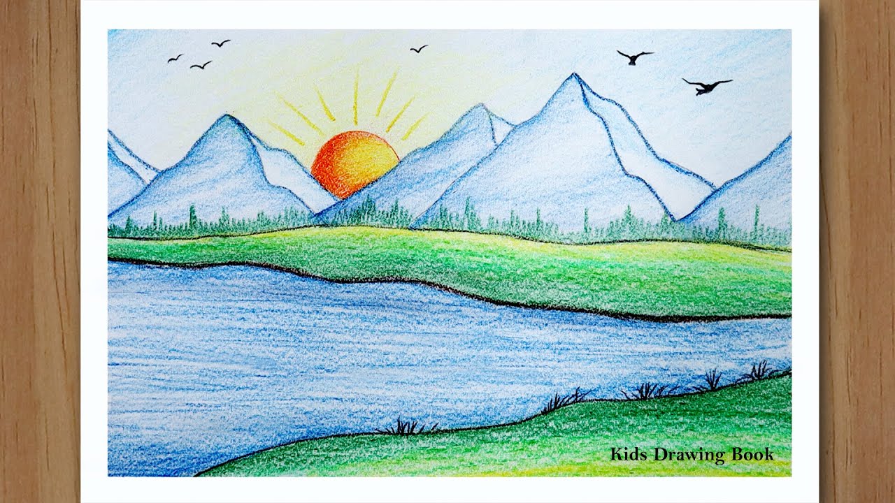 How To Draw Sunrise With Colored Pencils Step By Step - Mountain ...