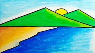 How To Draw Easy Scenery |How To Draw Beach And Mountain Scenery Easy Step By Step For Beginners