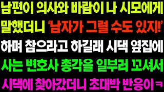 실화사연 남편이 의사와 바람이나 시모에게 말했더니 '남자가 그럴 수도 있지' 하길래 옆집 사는 변호사를 꼬셔 시댁에 찾아갔더니 대박 반응 사이다 사연,  감동사연,