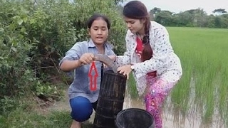 Fishing In Cambodia-Beautiful Girl Fishing With Cambodian Traditional Trap  #05