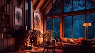 Enchanting Rain Sounds on Window with Crackling Fireplace in a Cozy Cabin