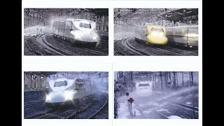 東海道新幹線　ドクターイエロー、700/N700系＠スプリンクラー作動の米原駅　薄暮時のスプリンクラーの水筋が美しい　 2018-2-7