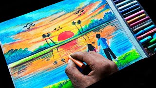 beautiful sunset drawing with oil pastel | nature drawing | river side drawing