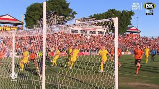 GOAL: Alex Parsons heads home in the Elimination Final against Adelaide United