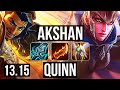 AKSHAN vs QUINN (MID) | 14/1/10, 6 solo kills, 1100+ games, Legendary | NA Master | 13.15