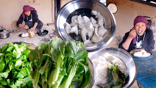 sarmila's lunch || village organic food chayote root and mustard mix curry rice || village cooking |